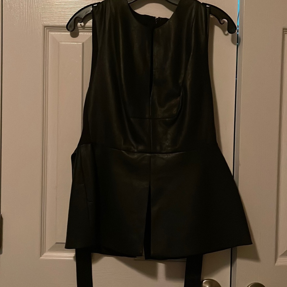 Black leather peplum top with built in belt